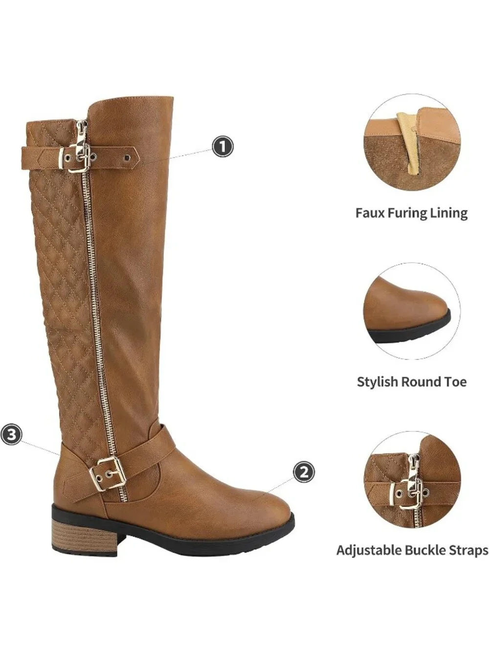 Women's Camel Comfortable Chunky Block Heel Round Toe Side Zipper Knee High Boot